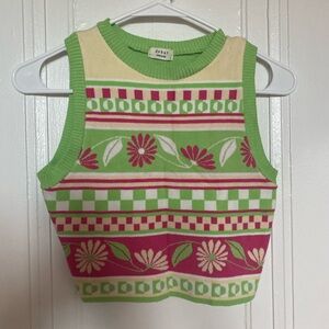 Lime Green & Pink Floral Knit Crop Top
